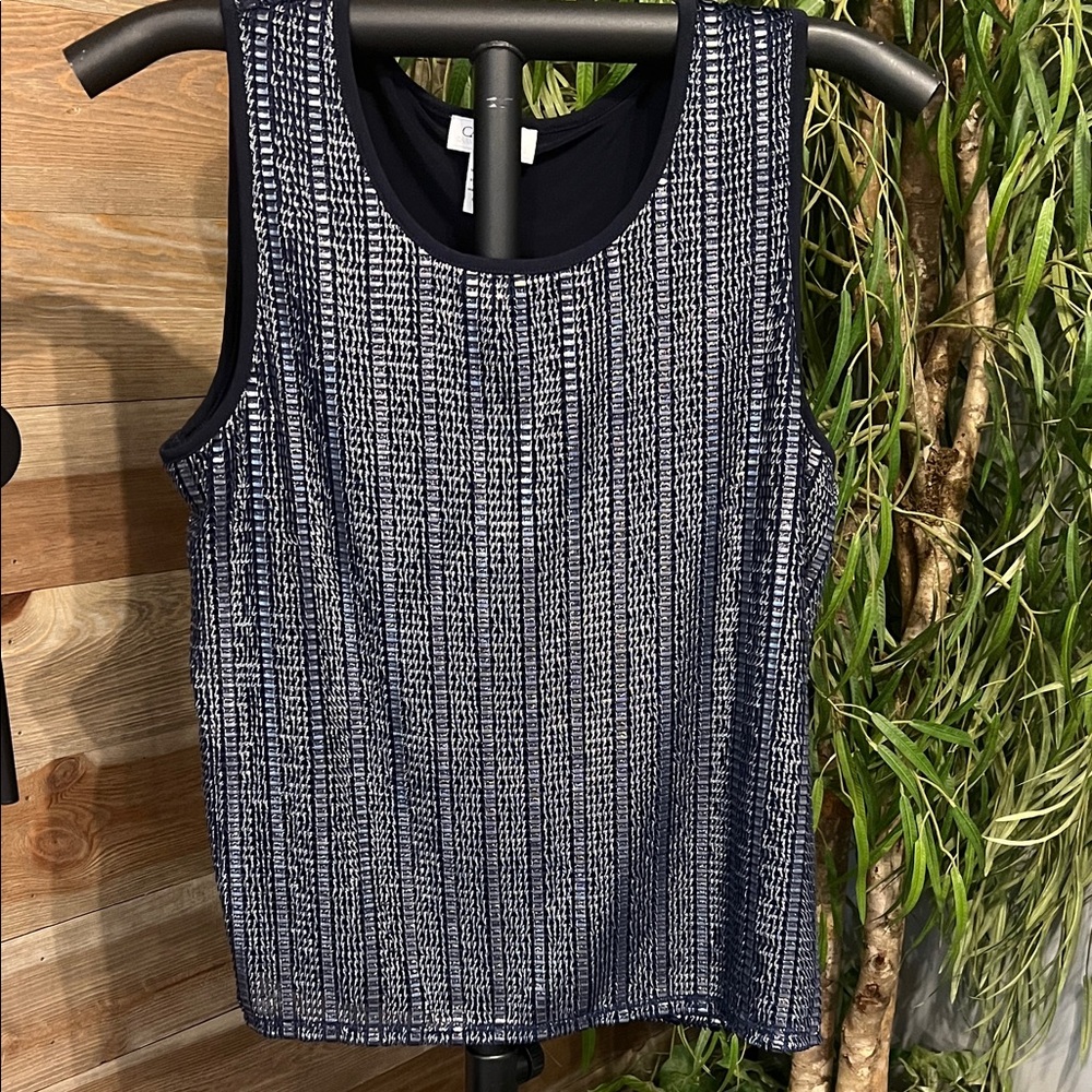 Carmen navy tank top with silver metallic overlay. XL